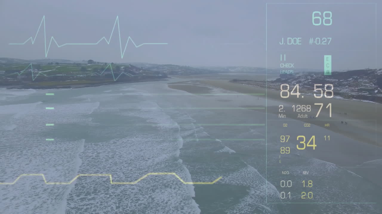 Heartbeat and health data animation over aerial view of coastal landscape