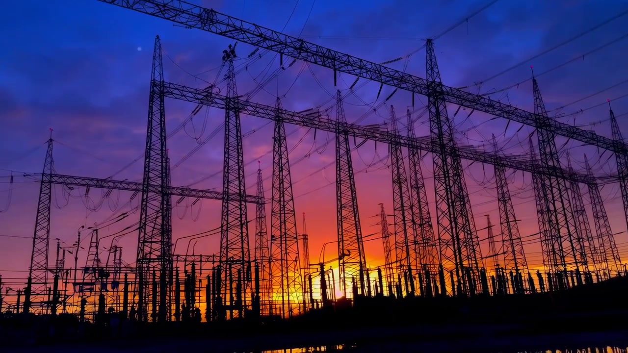 Dramatický západ slunce nad elektrickým vedením a elektrickou rozvodnou s blikajícími světly.