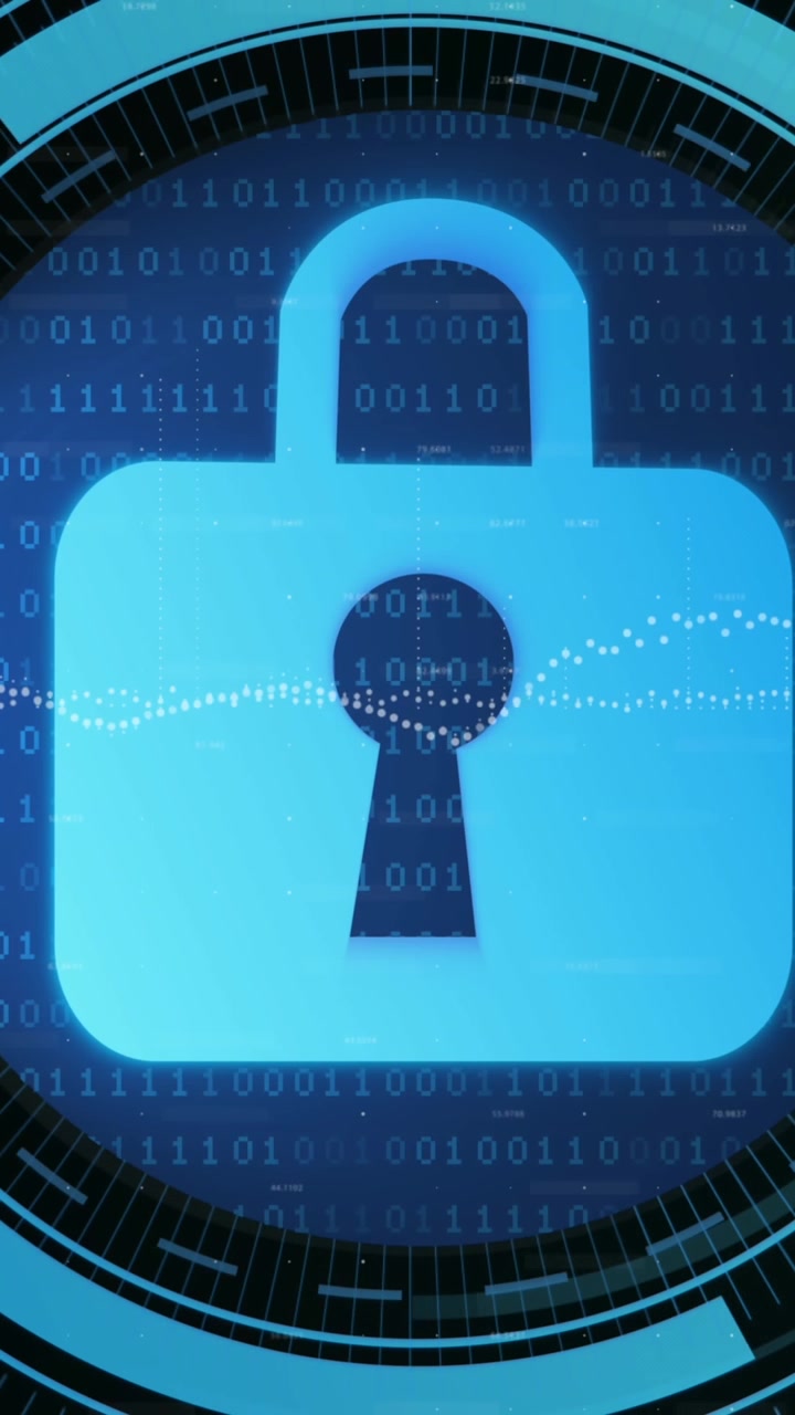 Animazione di icona di lucchetto di sicurezza su scanner circolare sullo sfondo di elaborazione dati di codifica binaria