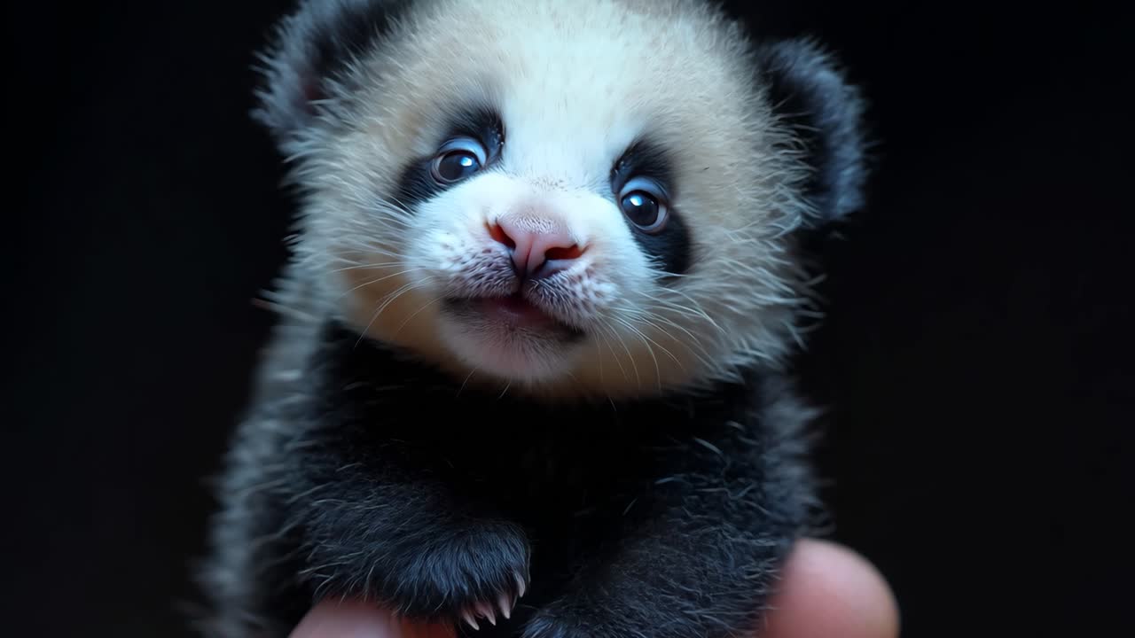 A baby panda is in a person's hand. The baby is adorable and cute. The baby is looking at the camera with a smile on its face