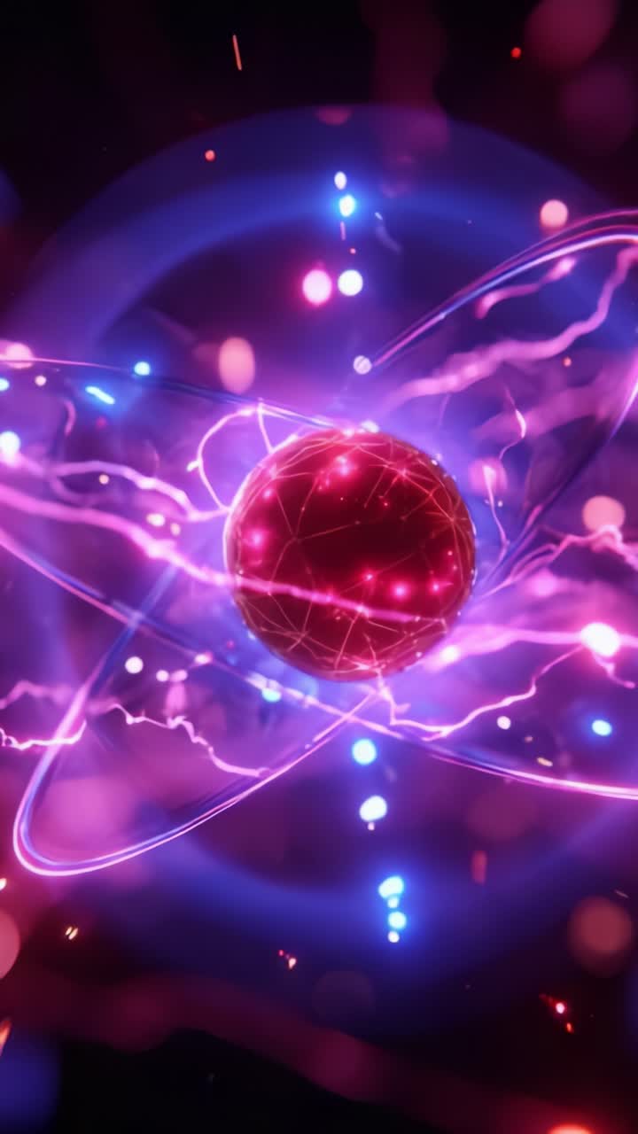 Merkezinde elektrik pulsları ve dinamik ışık efektleriyle çevrili bir atomun yer aldığı, büyüleyici bir enerji ve renk gösterisi