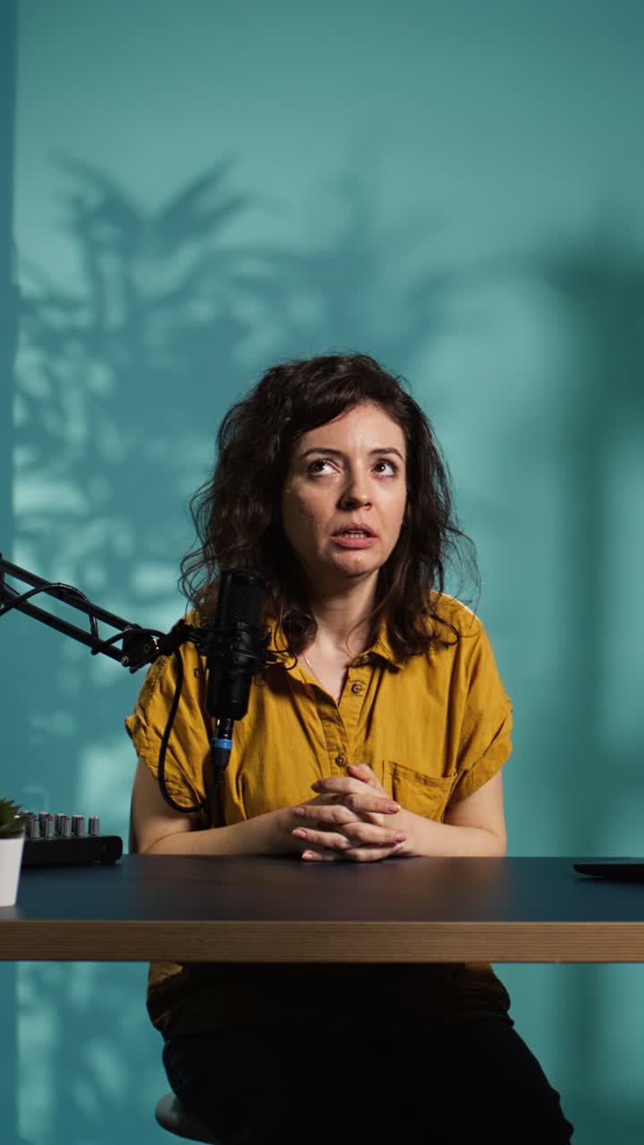 Donna che registra un podcast in uno studio domestico con microfono