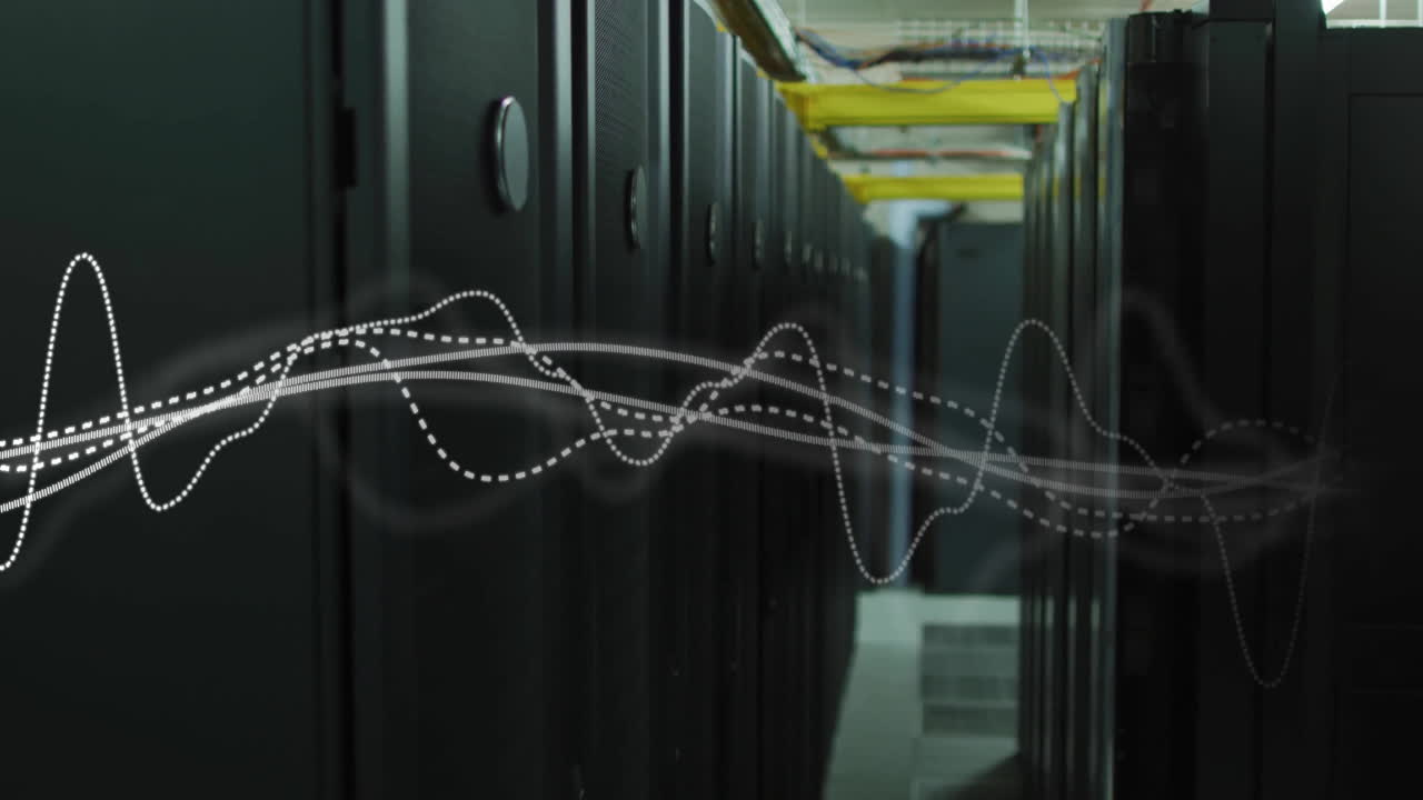 Animation of moving white diagrams over server room