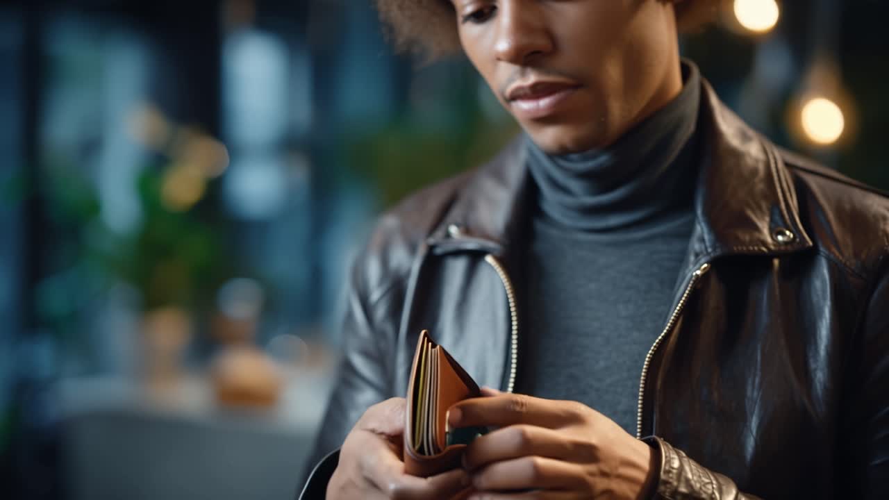 A Stylish Individual Examining a Brown Leather Wallet in a Cozy Ambient Setting that Highlights Modern Fashion and Personal Accessories