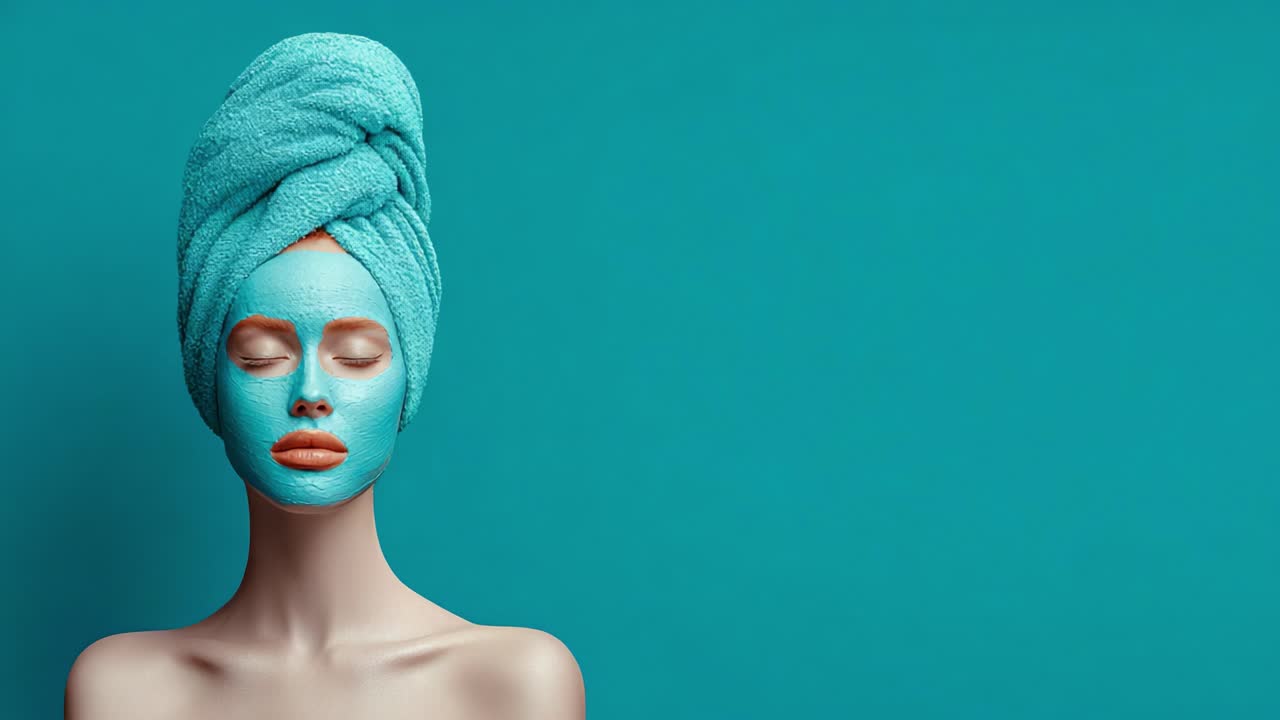 Ein entspannendes Spa-Erlebnis: Eine Frau mit einer türkisfarbenen Gesichtsmaske und einem Handtuch, die Selbstpflege und Ruhe in einer ruhigen, erfrischenden Atmosphäre genießt.