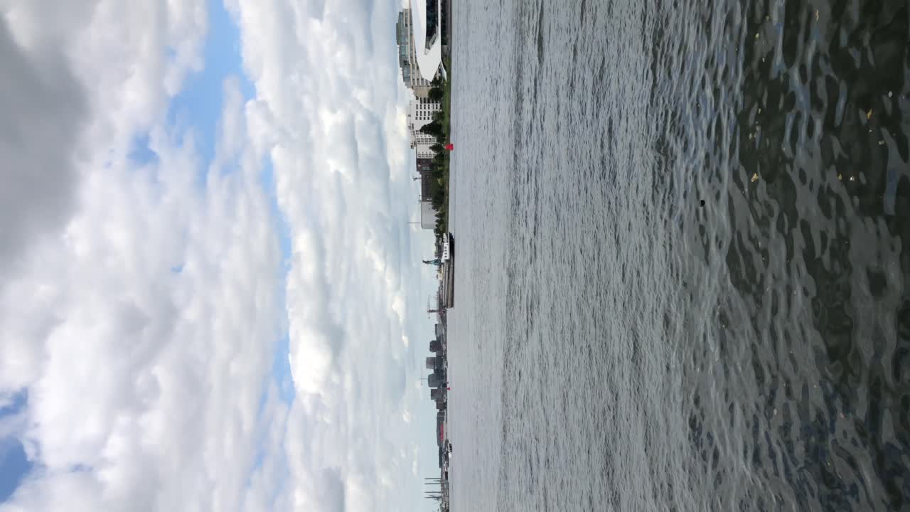 Riverside urban landscape under cloudy sky