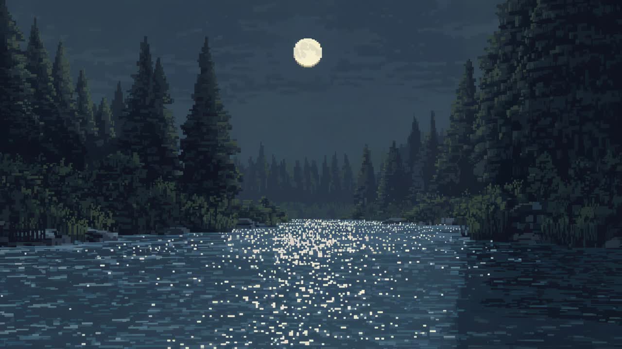 Superficie dell'acqua illuminata dalla luna scintillante che sposta i riflessi quadrati verso la riva dalla luna piena, conifere