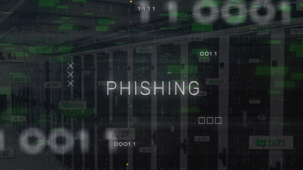 Animazione di testo di phishing con motivo a circuito stampato su codici binari sullo sfondo di una sala server