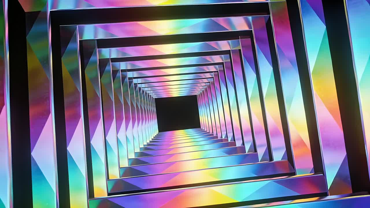 Shifting color bands causing prism nested frames rotating in CGI tunnel to highlight black square