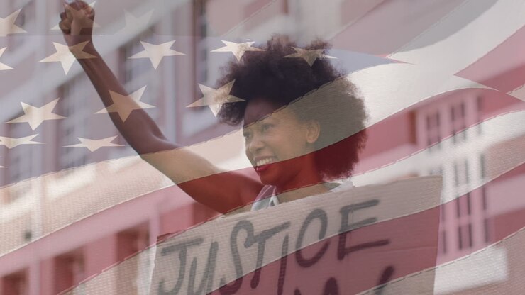 Animation of flag of united states of america over senior african american woman demonstrating
