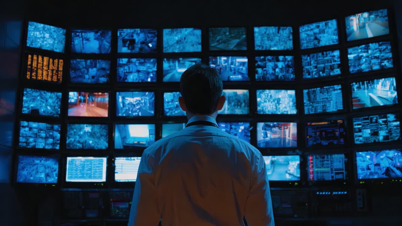 A Security Analyst Analyzing Surveillance Footage in a Modern Control Room Surrounded by Multiple High-Resolution Displays Providing Real-Time Visual Data