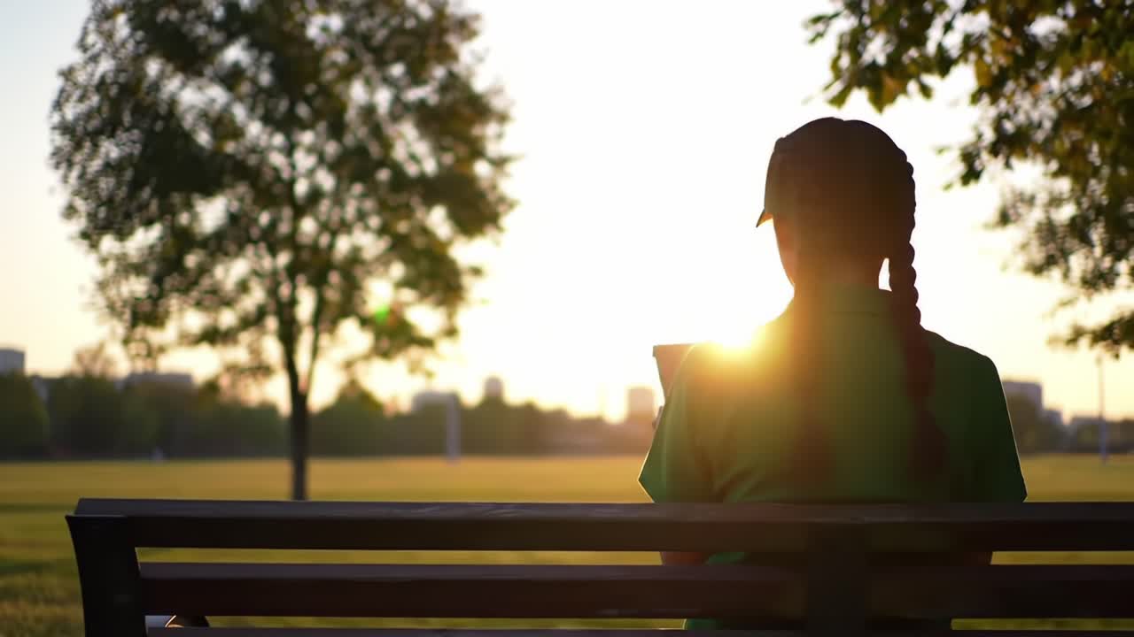 A serene moment captured as a person in a green shirt enjoys a peaceful sunset while seated on a park bench, immersed in their own world with nature surrounding them