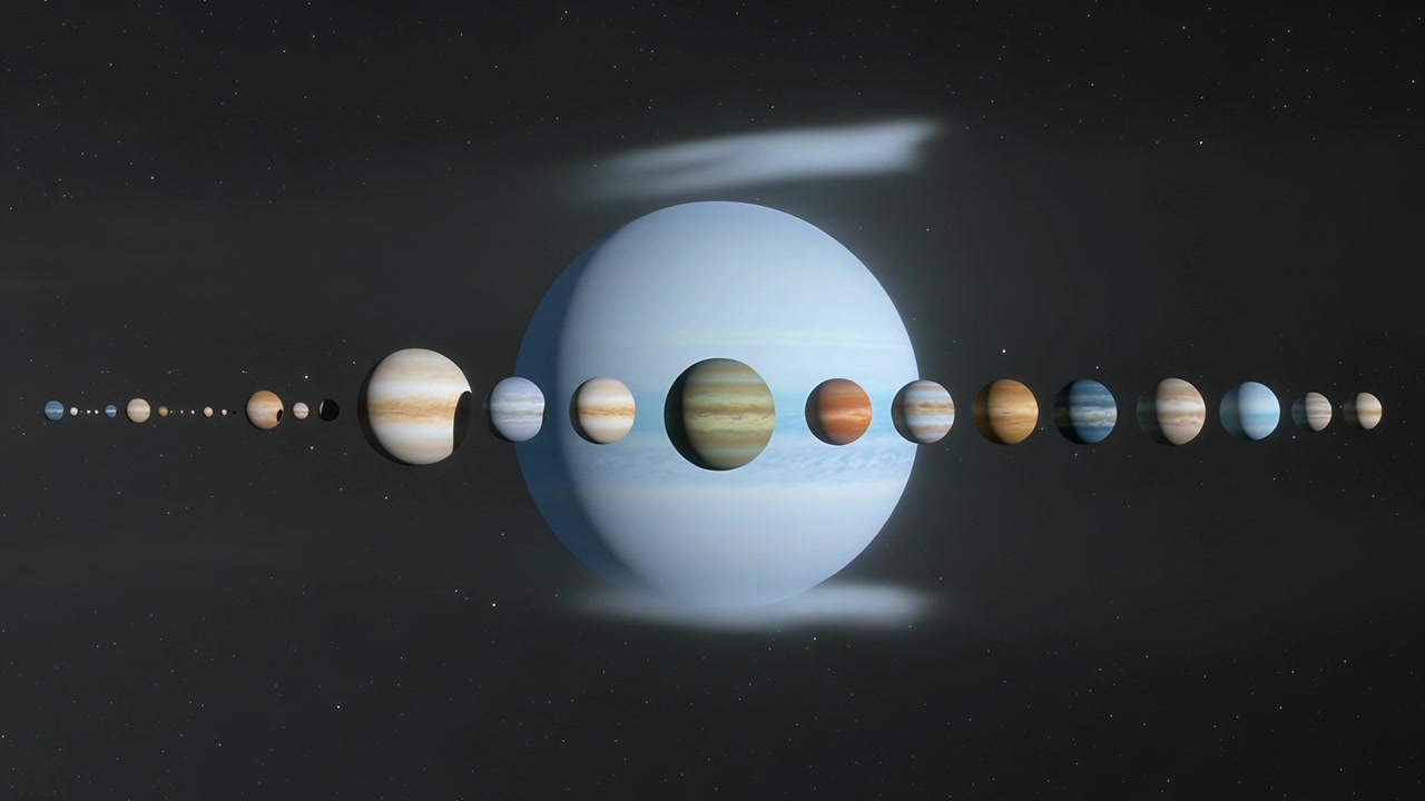 Anchoring pale-blue gas giant centered in frames, holding planets in line ringed, mooned for scale