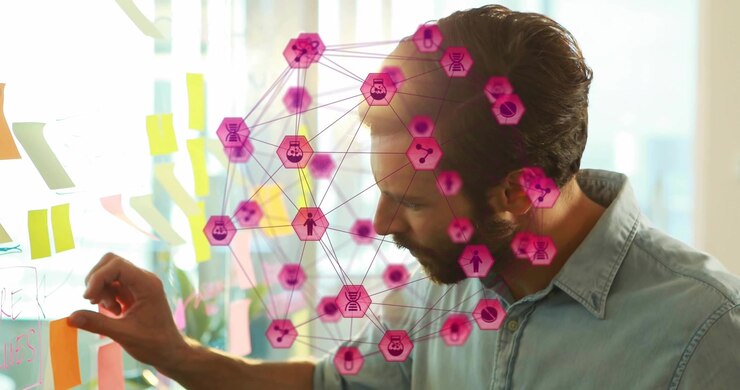 UX pro assessing sticky board and placing notes on glass, organizing ideas, pink hex tracking hand