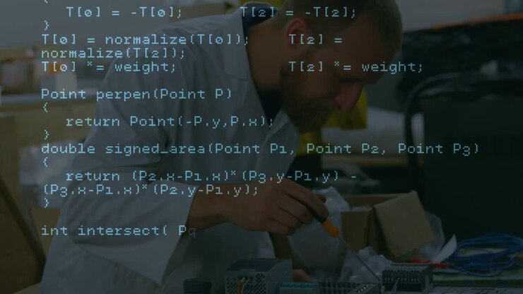 Animation of data processing over caucasian man with computer circuit board