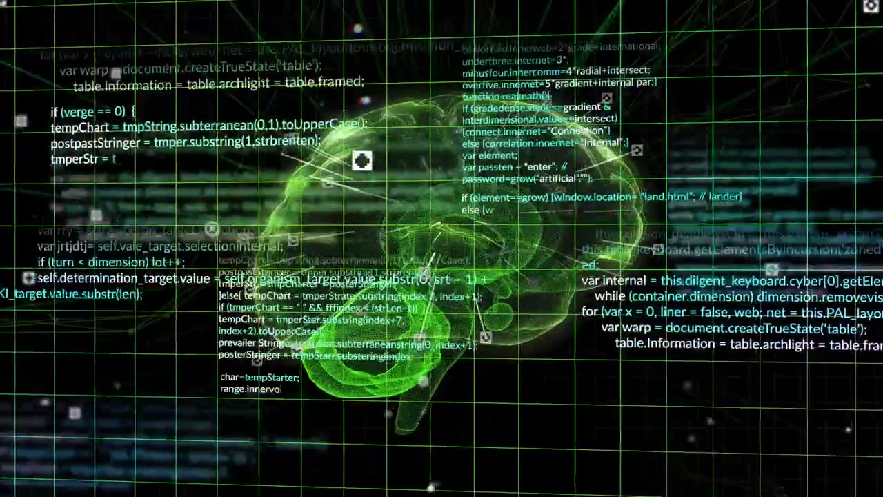 Responding to UI icons appearing, neon green 3D brain hologram rotating in 3D grid, linking nodes