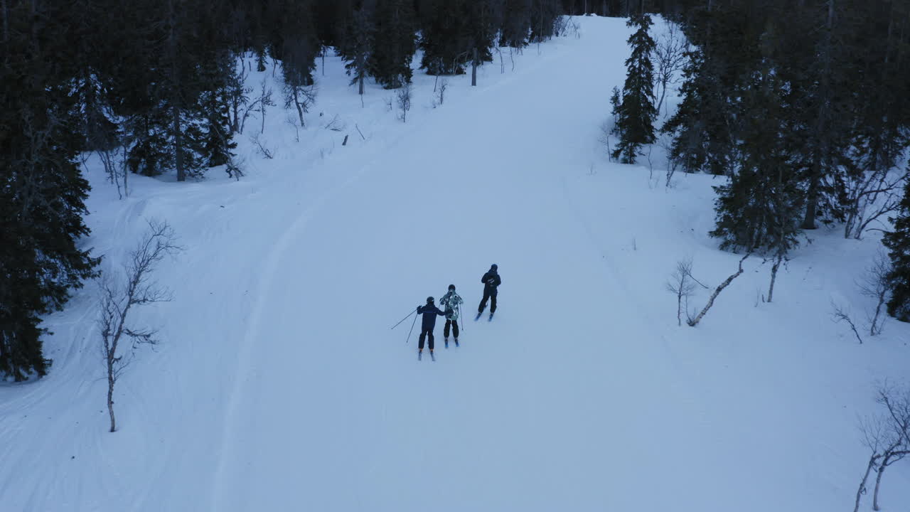 esquiadores en la pista entre pinos blancos de nieve noruega trysil