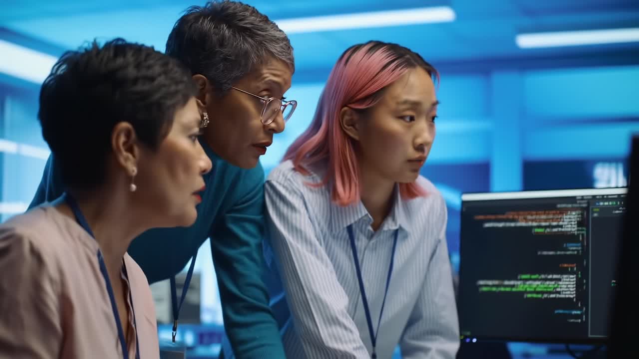 A Diverse Team Collaborates in a Modern Tech Environment, Analyzing Data and Solving Complex Problems within a Brightly Lit Office Setting