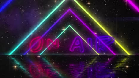 animation of on air text over neon triangles and stars on black background