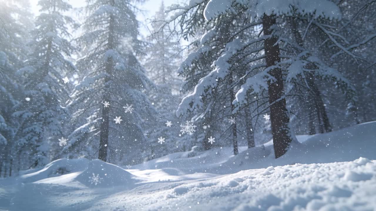 La telecamera si allontana rivelando un cumulo di neve compattato e fiocchi che cadono, che conducono in una foresta di pini illuminata dal sole.