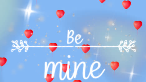 Animation-Von-Herzen,-Die-über-Blauem-Hintergrund-Mit-Sternen-Und-Dem-Text-„Be-Mine“-Schweben