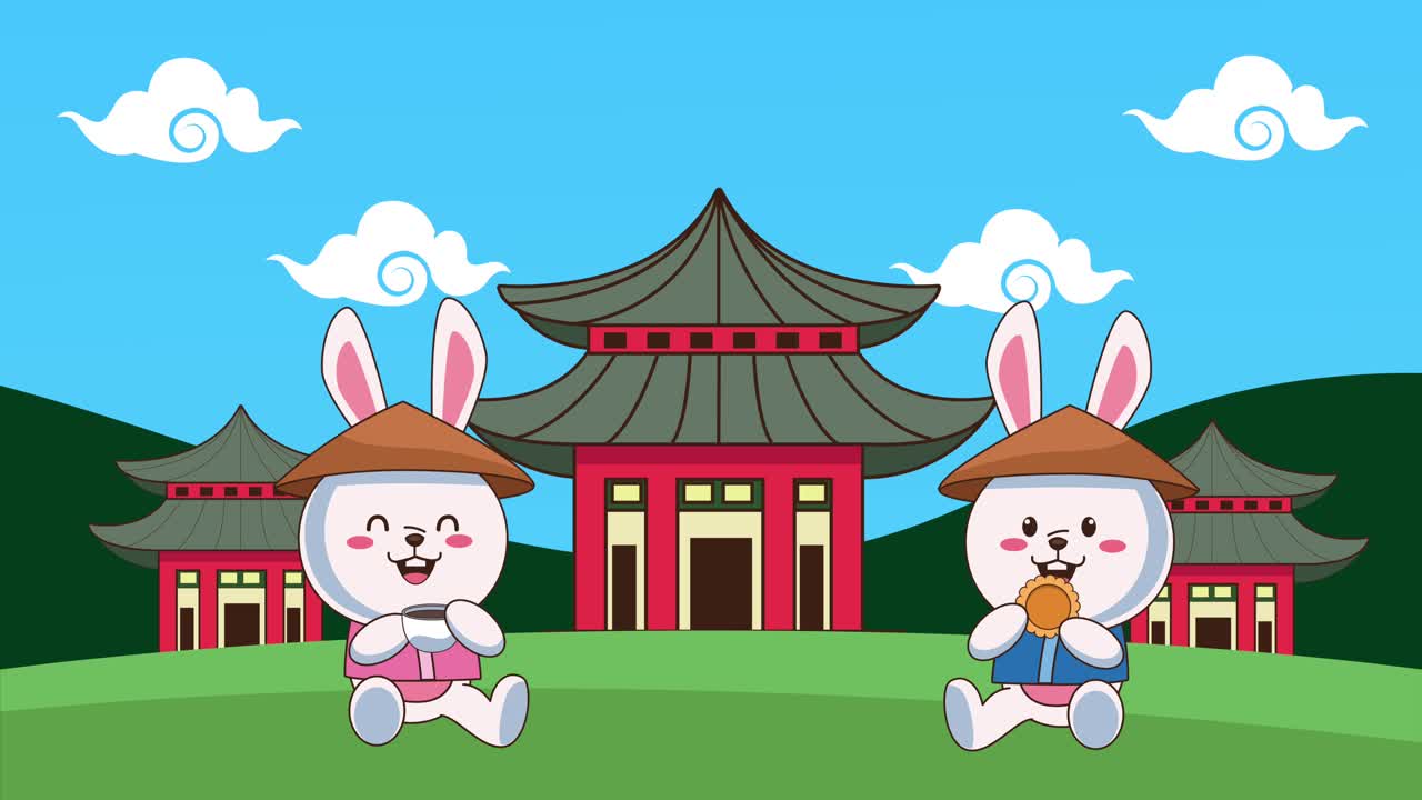 mid autumn festival animation with rabbits drinking tea and eating cookies in the field