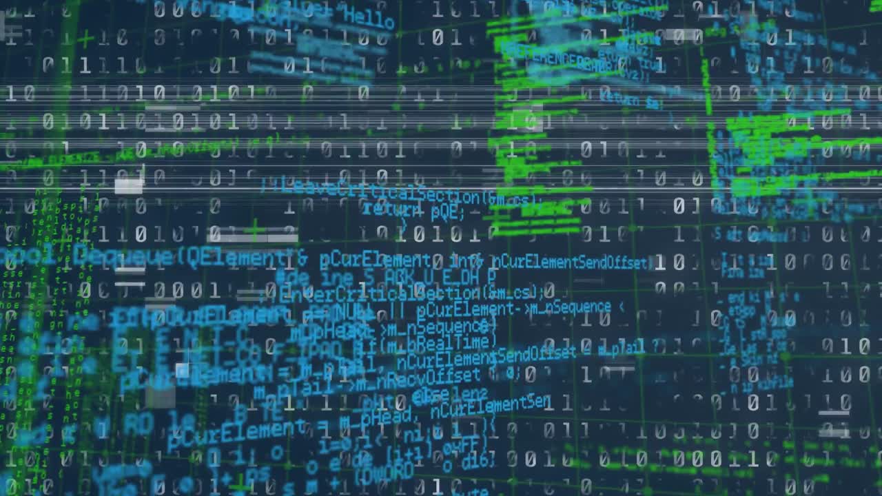 Digital animation of data processing over grid network against binary coding on blue background