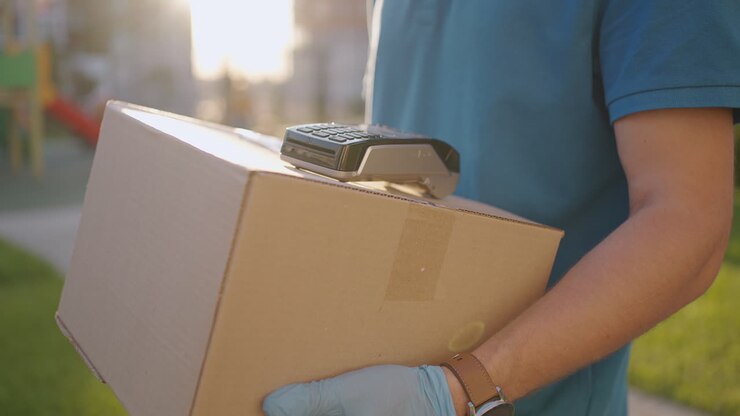 A male deliveryman in gloves brings a box and gives the terminal to pay for the purchase. Carry a box with an NFC credit card payment terminal or mobile phone. Contactless payment