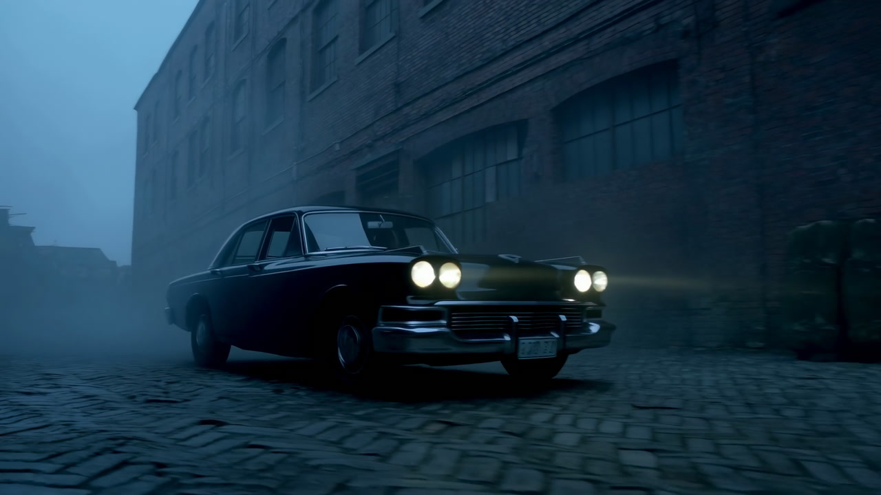 Foggy Cobblestone Alley With Headlights Vintage Black Sedan Glides Through Mist Between Brick Warehouses,