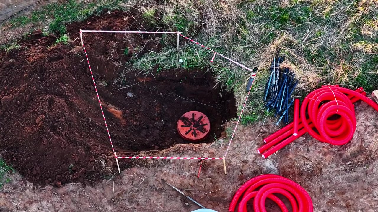 Fiber optic network manhole with conduits during communication system installation