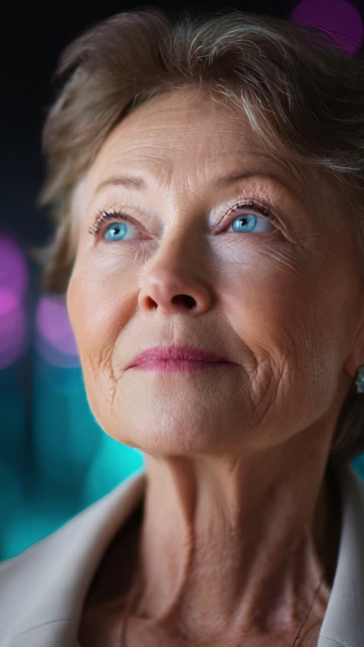 Una donna riflessiva guarda al futuro con speranza e saggezza: affascinante ritratto che mette in risalto la sua espressione aggraziata e la sua bellezza senza tempo, illuminata da una luce soffusa