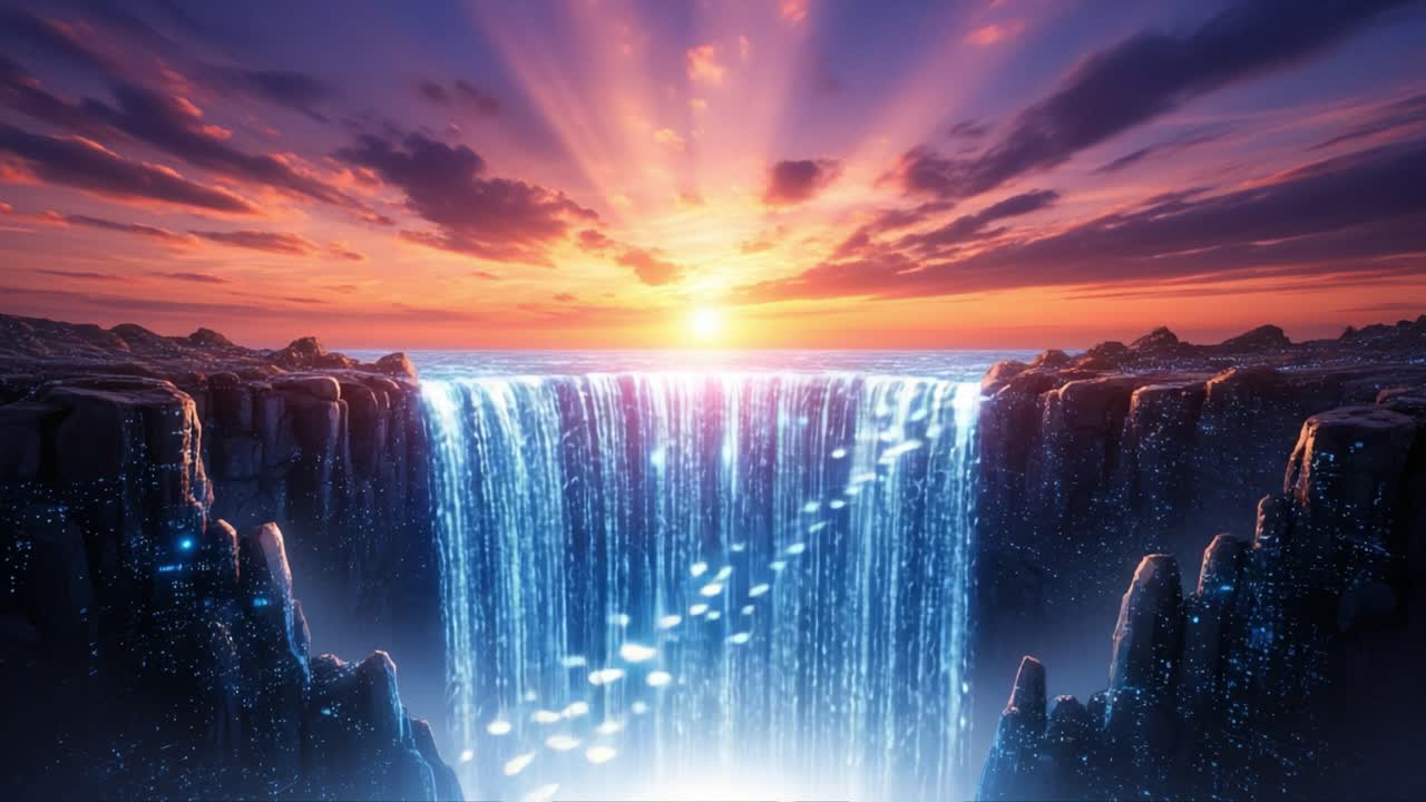 A Majestic Sunset Over a Stunning Waterfall, Illuminating the Cascading Waters with a Serene Glow as It Flows into a Mystical Abyss of Tranquility and Beauty
