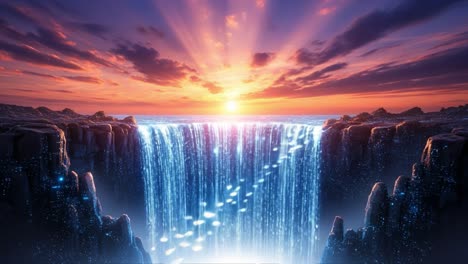 a majestic sunset over a stunning waterfall, illuminating the cascading waters with a serene glow as it flows into a mystical abyss of tranquility and beauty