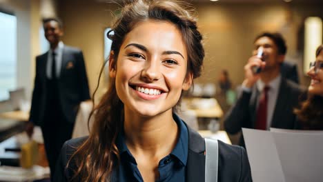 young professional smiling confidently at a networking event in an office