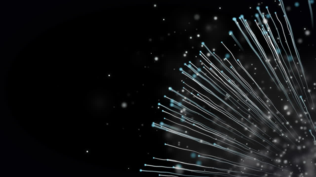 Animazione di particelle bianche e blu con scie luminose e fumo che si muovono su sfondo nero