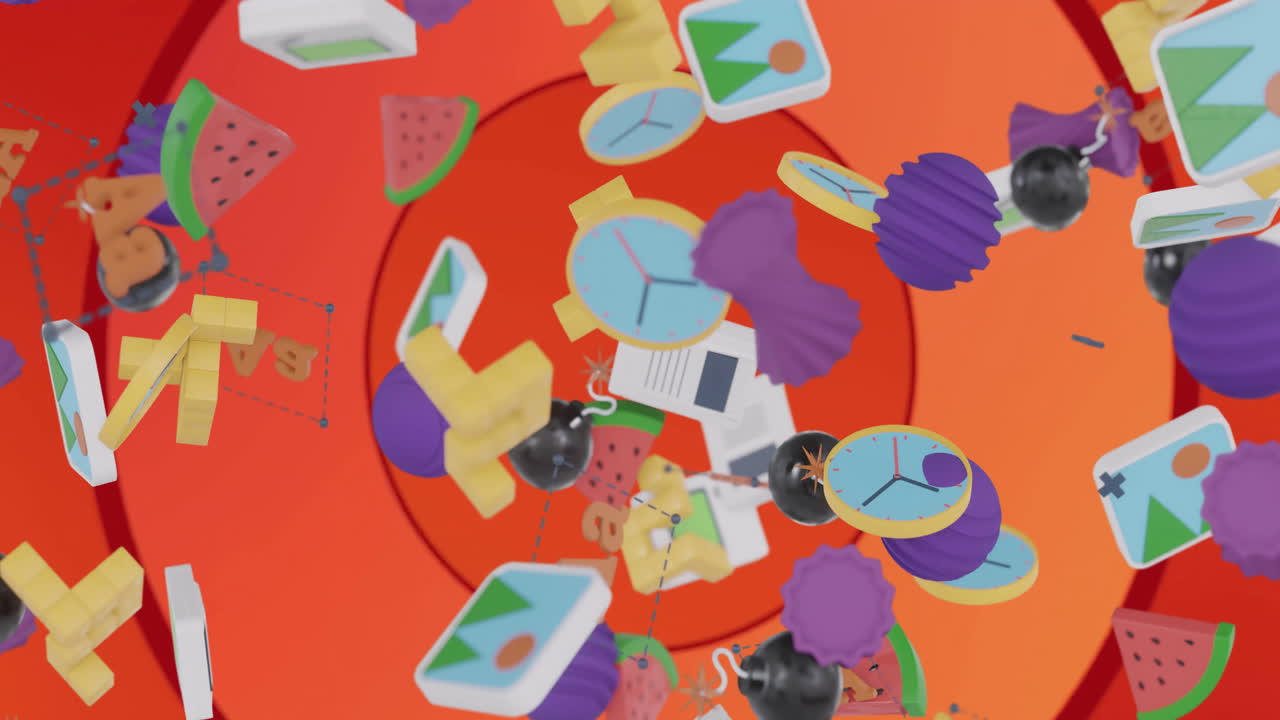 다양한 3d 미디어 아이콘이 오렌지색과 빨간색의 동심 반지 위에 떨어지는 애니메이션