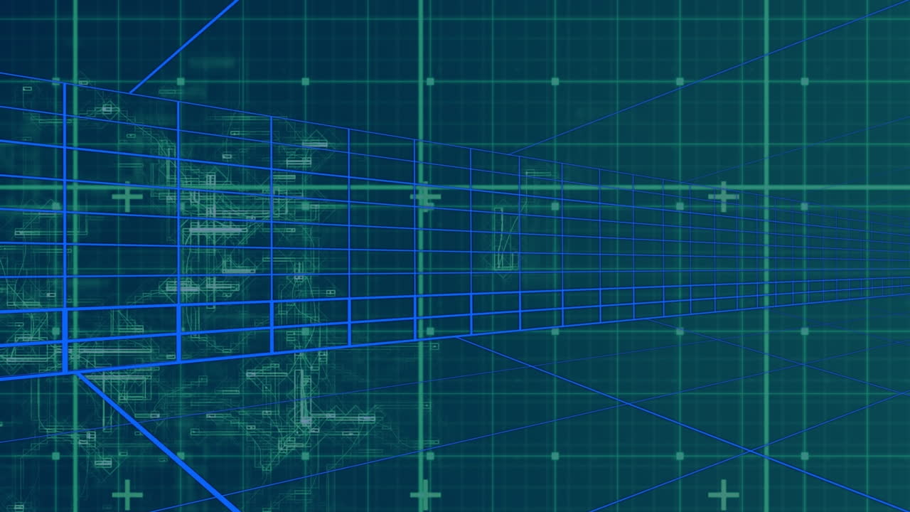 Digital animation of network of connections over grid networking on blue background