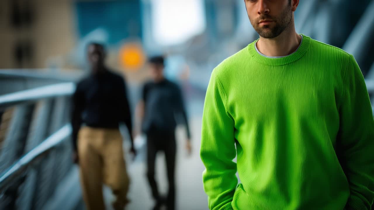 A Man in a Bright Green Sweater Walks Alone on a City Bridge Surrounded by Blurred Figures, Capturing a Moment of Solitude Amidst Urban Life