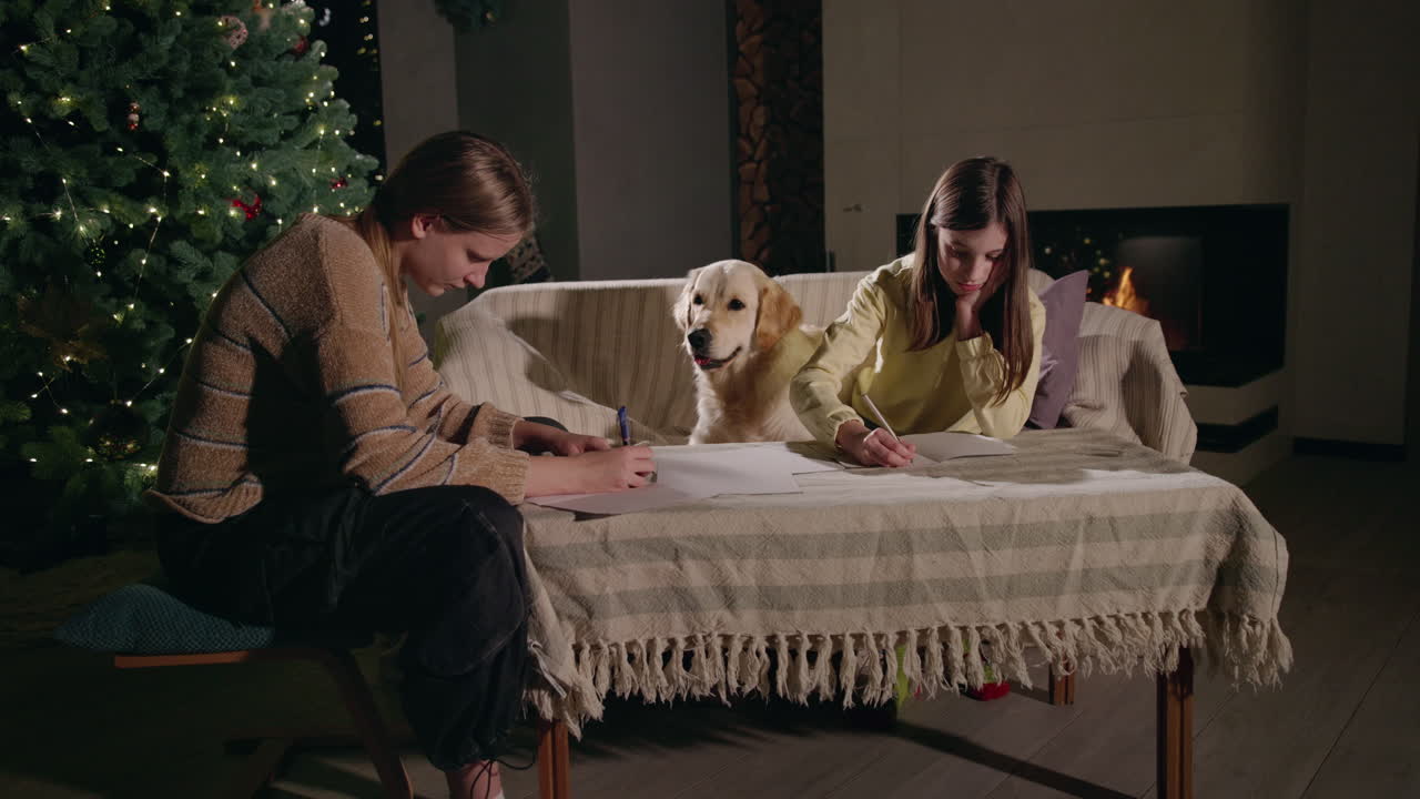 Girls Writing Letters by Christmas Tree with Dog