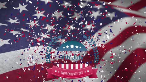 animation of text, 4th of july, and red, white and blue confetti falling over waving american flag