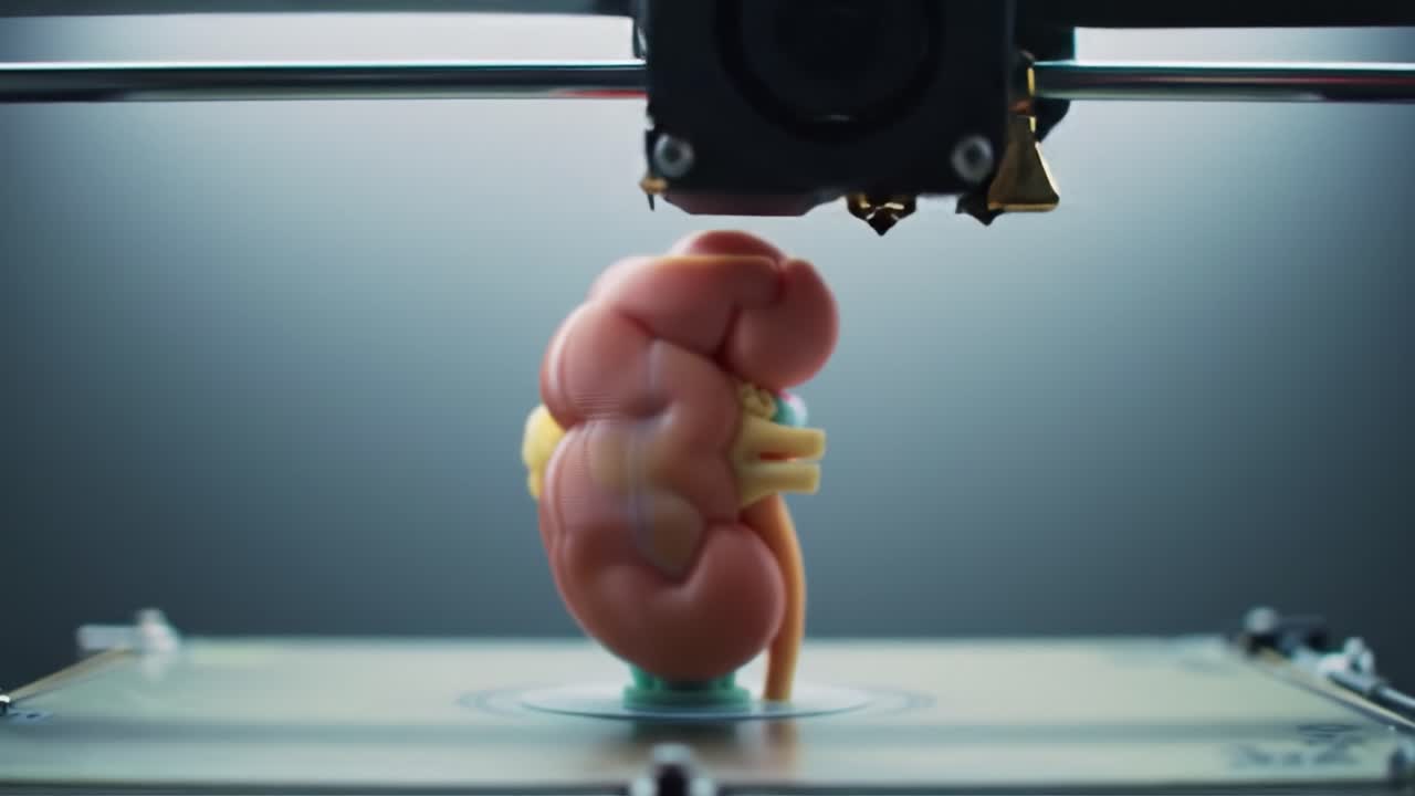 A 3D Printer Creates a Detailed Model of a Kidney, Showcasing Advanced Technology and Medical Applications in Bioprinting and Anatomy Demonstration