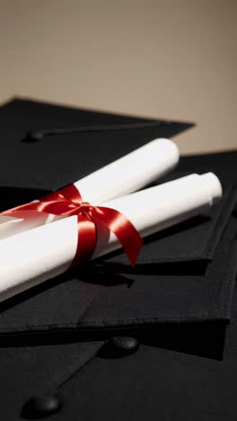 graduation ceremony with caps, diplomas, and ribbons
