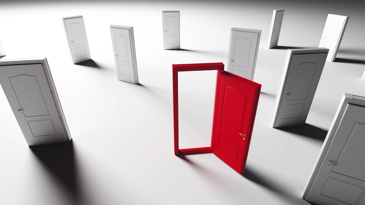 Red Door Opening Among Many White Doors, Concept of Choice