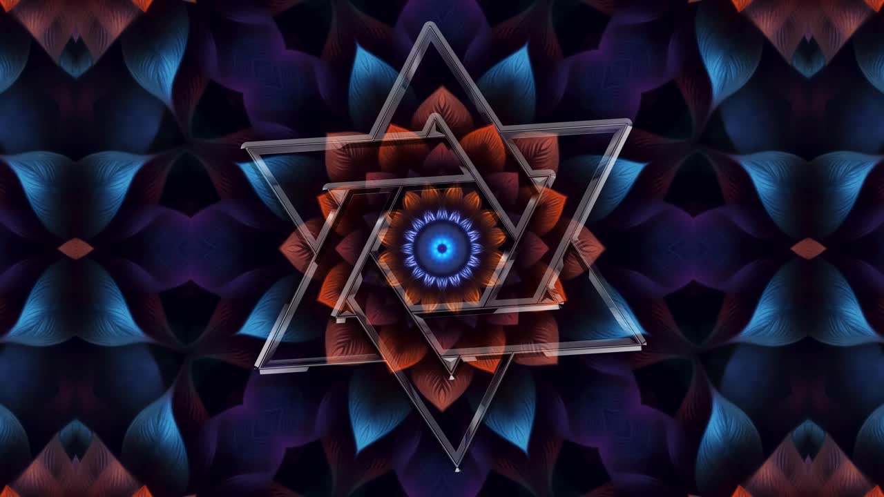Loop continuo 4K60. Stella esagramma cromata 3D su un frattale di mandala floreale in evoluzione. Perfetto per visual VJ orizzontali o verticali, meditazione e festival.