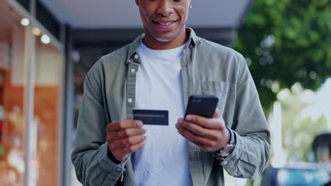 man, hands and phone with credit card in city