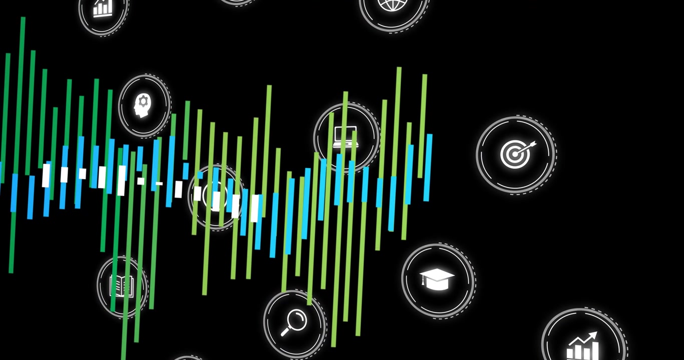 On play waveform bars emerging and sweeping right, highlighting icons and showing rising analytics