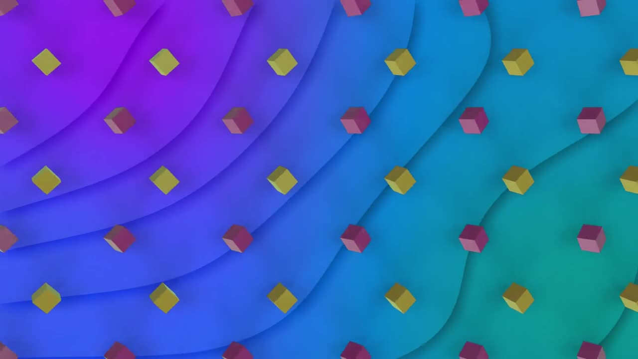 animación de filas de cubos 3d sobre el fondo de patrón de onda de púrpura a azul