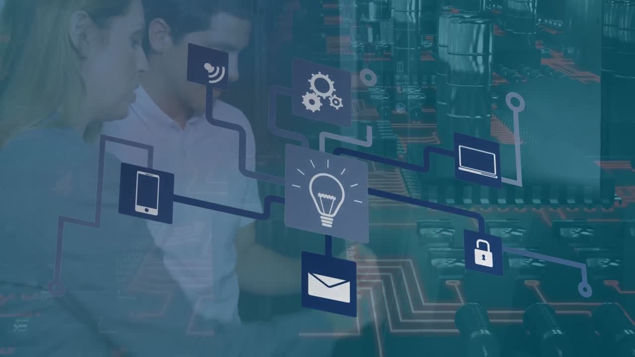 animación de una red de iconos digitales sobre ingenieros y ingenieras que trabajan en la sala del servidor
