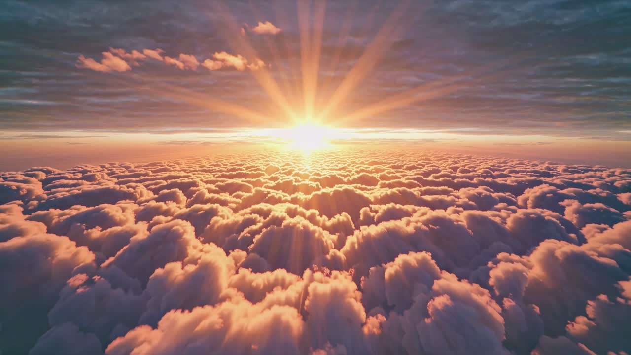 Aerial view of a stunning sunset above fluffy clouds, creating a serene and dreamy atmosphere