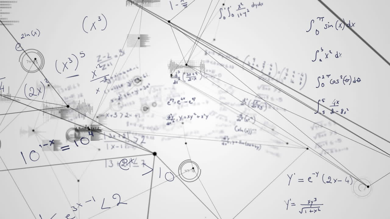 Network of connections and mathematical equations against white background